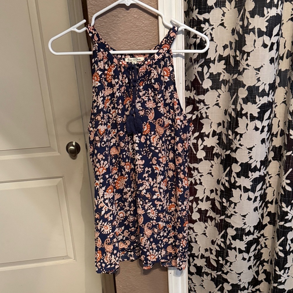 Navy Floral Tank Top with Tassel Detail